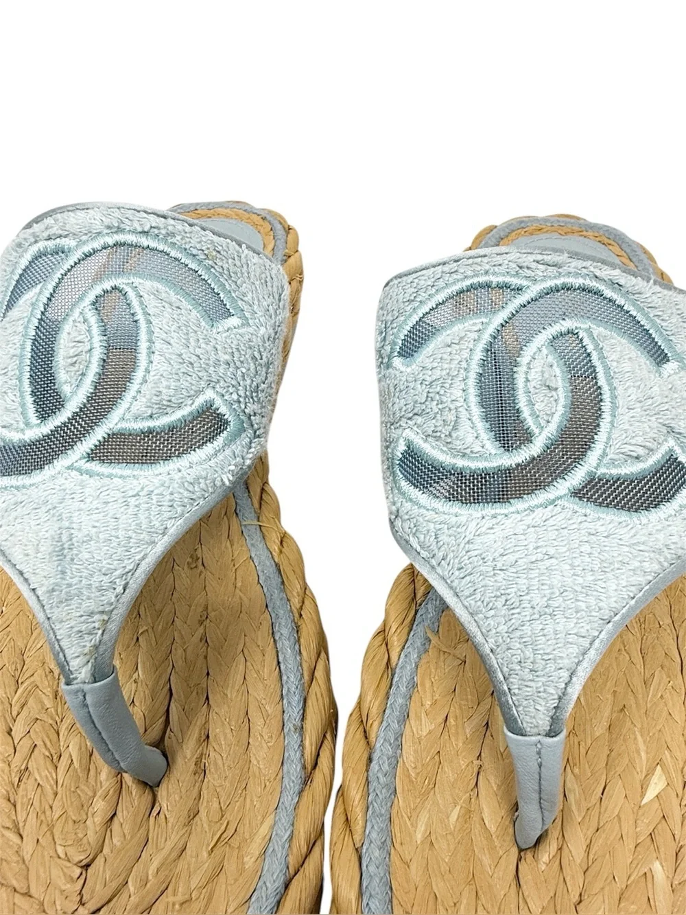 Chanel CC Terry Blue Thong Raffia Flat Slide Flip Flop Sandals Size 40.5